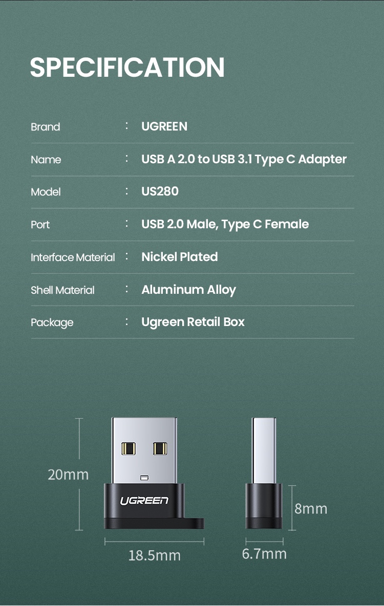 มุมมองเพิ่มเติมของสินค้า UGREEN อะแดปเตอร์ แปลง USB C ตัวเมีย เป็น USB A ตัวผู้ สำหรับ แล็ปท็อป สายชาร์จ