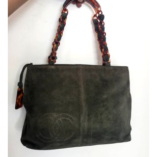CHANEL 1998 CC logo plastic chain tote bag​ Suede​ Olive green leather​