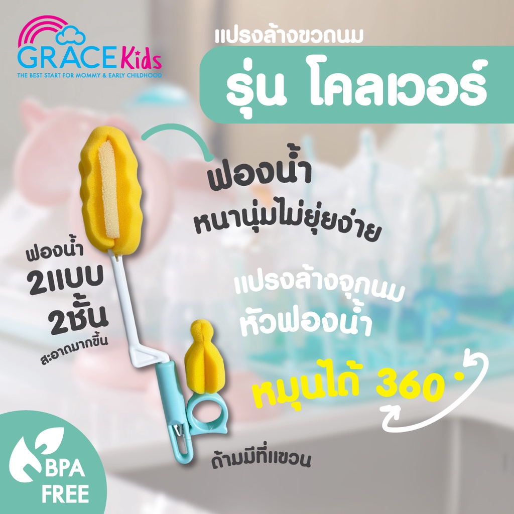 ภาพหน้าปกสินค้าGrace Kids แปรงล้างขวดนมฟองน้ำ พร้อมที่ล้างจุกนม รุ่นโคลเวอร์ (คละสี) แปรงล้างขวด จุกนม ขวดนม แปรงฟองน้ำ แปรงหัวไนล่อน จากร้าน gracekidsshop บน Shopee