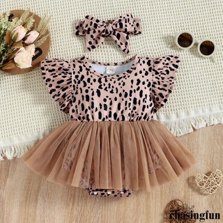 CHF-2Pcs Baby Girl Summer Outfit, Leopard Print Tulle Flying-Sleeve One Piece Romper + Hairband for Toddler, 0-12