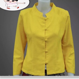 เสื้อทรงจิตรลดาสีเหลืองคอจีนกระดุมปั้มแขนยาว / เสื้อผ้าฝ้ายชุดพื้นเมืองผ้าไทย JIT-002
