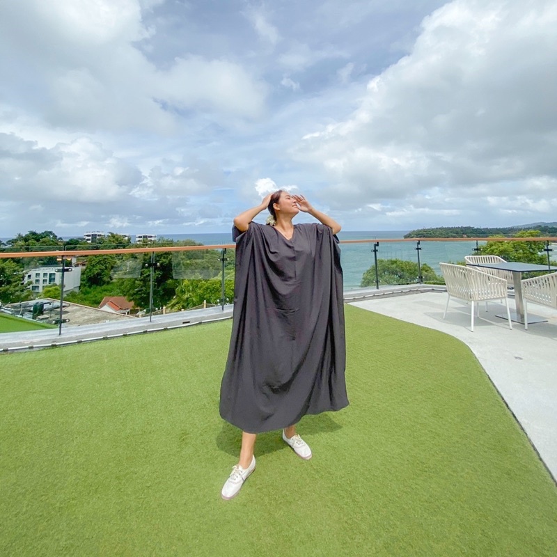 over-plain-maxi-dress-olive-amp-dark-grey-เดรสยาว-เดรสสาวอวบ-เดรสสาวไซส์ใหญ่-เดรสคนท้อง-ชุดเที่ยวทะเล-ชุดนอน-เดรสปีกค้างคาว