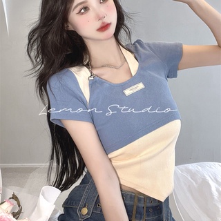 Lemon Studio เสื้อครอปท็อป แขนสั้น ลายเลม่อน แฟชั่นสําหรับผู้หญิง 11071