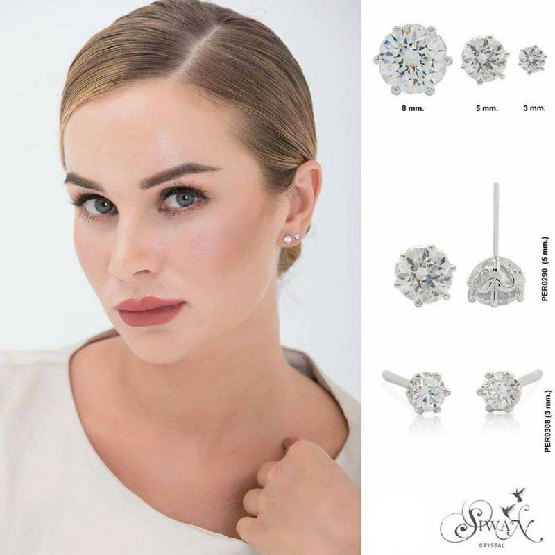 ภาพหน้าปกสินค้าSiwan Crystal รวม ต่างหูเพชรเดี่ยว Diamond Stud Earrings 3 5 8 mm พรีเมี่ยมคริสตัล ทำจากเพชร CZ