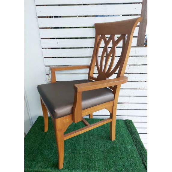 เก้าอี้ไม้สักเบาะหนัง-pu-สีน้ำตาลลายผ้าไหม