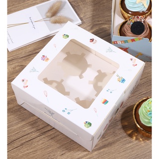 กล่องกระดาษฝาใส จำนวน 20 กล่อง พร้อมฐานกระดาษ สำหรับใส่ถ้วยขนมคัพเค้กได้ 4 ลูก พื้นสีขาว ลายเบเกอร์รี่  รหัส Bakery-0189