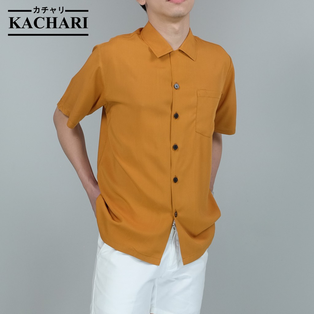 kachari-เสื้อฮาวาย-เสื้อเชิ้ตคอเปิด-สีพื้น-ผ้าเรยอน-สีเหลืองมัสตาร์ด