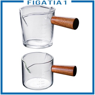 [NANA] Clear Mini Double Spout Measuring Cup, Milk Cup, with Wooden Handle, for Barista Bar Cocktail Coffee Cooking Heat Resistant