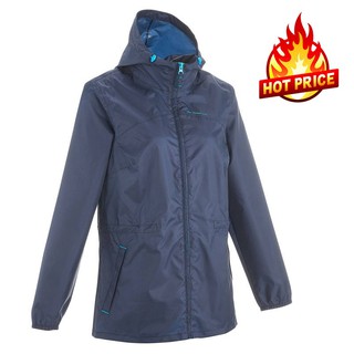 เสื้อแจ็คเก็ตกันฝนแบบซิปมีคุณสมบัติกันน้ำเพื่อการเดินป่าสำหรับผู้หญิงรุ่น RAINCUT (สีกรมท่า)