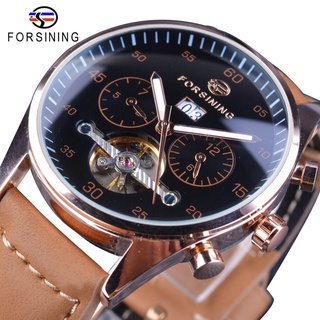 Forsining Calendar Tourbillion Display Brown Genuine Leather Belt Automatic Movement Men Top Brand Luxury Mechanical Wri