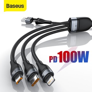 Baseus 3 In 2 สายชาร์จ Usb 100W Fast Charge Data Cable USB to M+L+C IPHONE  Huawei Xiaomi Redmi