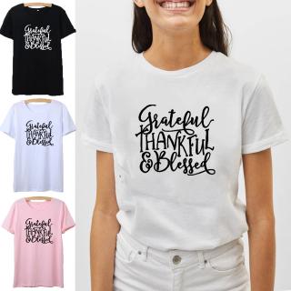 Grateful Thankful Blessed Thanksgiving Shirt Women Printed Short Sleeve Cotton T Shirt Women Tee Shirt Femme Top -