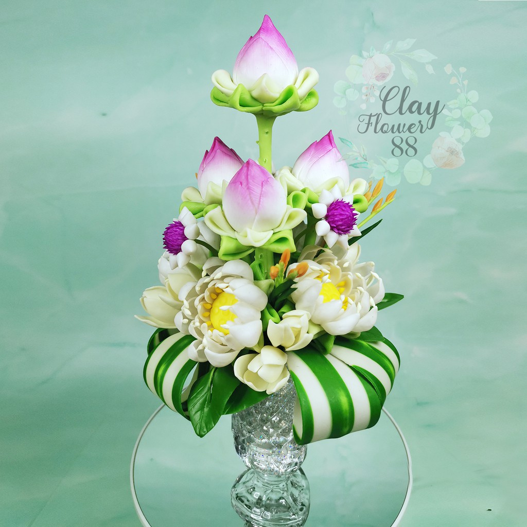 ชุดคู่-แจกันดอกบัว-ดอกบัวประดิษฐ์-ดอกบัวปลอม-ดอกไม้ไหว้พระ-ดอกไม้ดินปั้น-ดอกบัวไหว้พระ-จาก-ดินไทย-สูง-11-นิ้ว