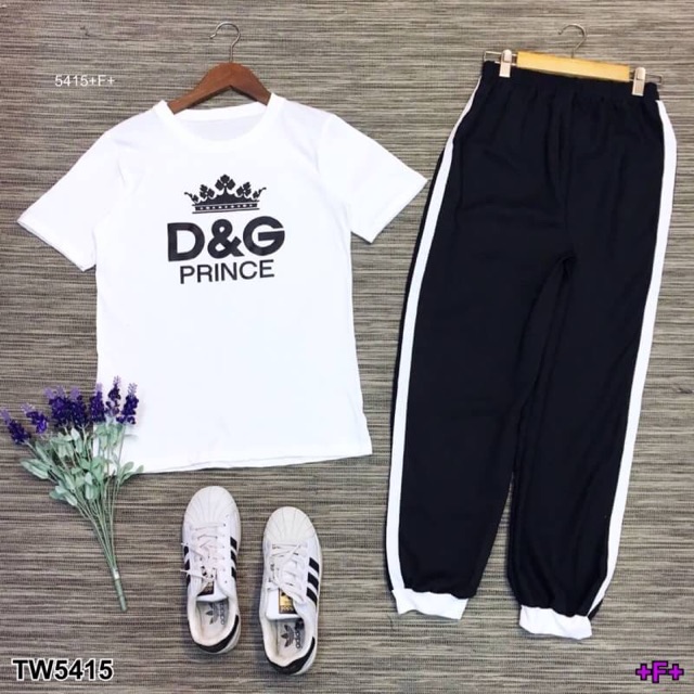 set-เสื้อยืดคอตตอนสกรีนชื่อแบรนด์-d-amp-g-มาคู่กันกับกางเกงขายาวเอวสม้อค