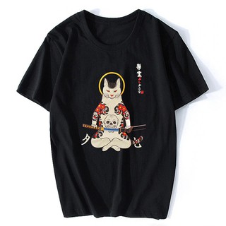 【100% cotton】เสื้อยืด พิมพ์ลายอนิเมะ Voltreffer Streetwear Ukiyo E Samurai Cat สไตล์ญี่ปุ่น สําหรับผู้ชาย
