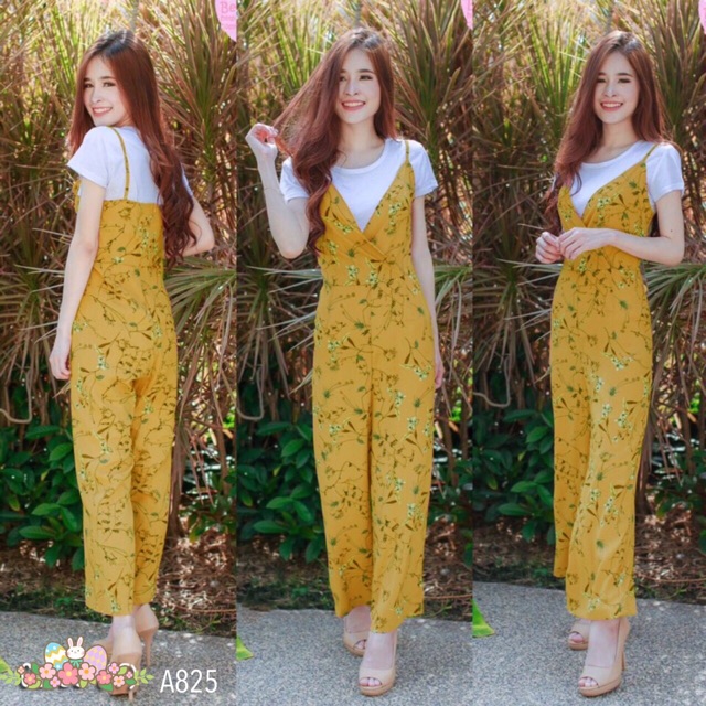 เซท2ชิ้น-เอี๊ยมกางเกงลายดอก-เสื้อยืดสีขาว