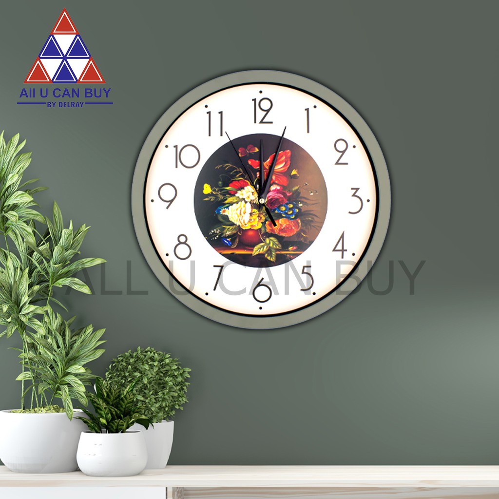 all-u-can-buy-นาฬิกา-นาฬิกาแขวนผนัง-นาฬิกาทรงกลม-นาฬิกาลายดอกไม้-นาฬิกาสีเขียวขี้ม้า