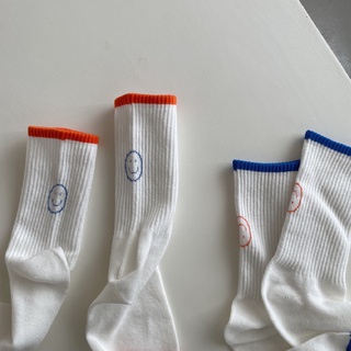 สินค้า KAFU D492เกาหลีใต้ถุงเท้า Luo ปากสีฟ้าแนวนอนแถบถุงเท้าถุงเท้ายิ้มถุงเท้าวัน Ins แนวโน้มท่อท่อผ้าฝ้ายสีขาวถุงเท้า