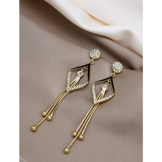 ต่างหูแฟชั่น ต่างหูสวยหรู ดูดี Rhinestone Geo Drop Earrings (ส่งจากไทย)