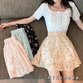 สินค้า Cicishop(262)กระโปรงสั้นลายดอกไม้ เอวสม็อค มีซับใน แต่งชายระบาย น่ารักๆหวานๆญี่ปุ่น