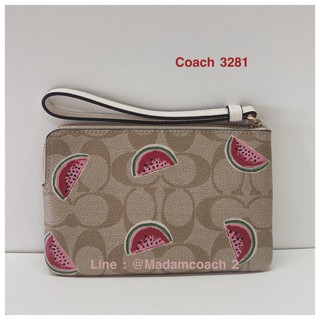 พร้อมส่ง Coach 3281 กระเป๋าคล้องมือ Corner Zip Wristlet in Signature Canvas with Watermelon Print ลายแตงโม ของแท้