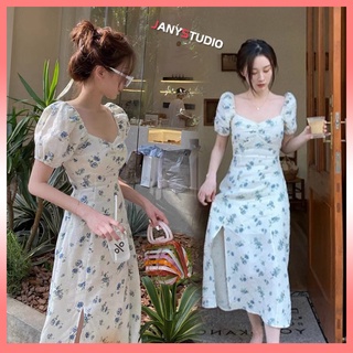 New!! ชุดฝรั่งเศส ชุดเดรสกระโปรงลายดอกไม้ฟ้า ยาวปานกลาง เดรสคอกว้างแขนสั้น