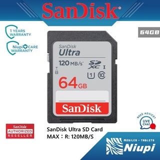 ราคาSanDisk Ultra เมมโมรี่การ์ดของแท้ SD Card 64GB Class 10 Speed 120MB/s (SDSDUN4-064G-GN6IN)