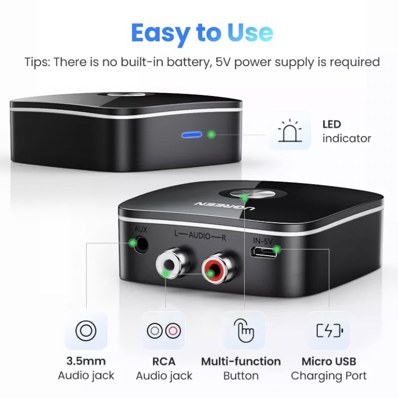 ภาพหน้าปกสินค้าUGREEN Bluetooth Receiver V5.1 APTX (40759) 2 RCA + 3.5 mm Jack and Aux Audio Receiver บลูทูธ เครื่องเสียง จากร้าน kopong_p บน Shopee