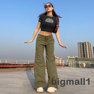 BIGMALL-Women´s Wide Leg Trousers Solid Color Button Closure Leisure Army Green Pocket Pants Streetwear