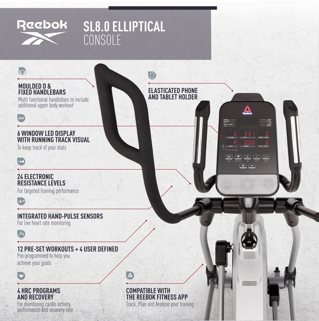 เครื่องเดินวงรี Reebok Fitness SL8.0 Elliptical ปรับความชันได้  มีลำโพงและพัดลมในตัว | Shopee Thailand