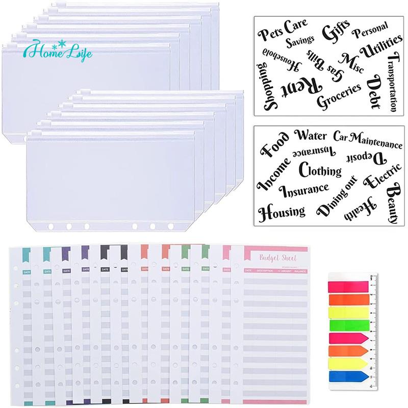 ภาพหน้าปกสินค้า27 Pack A6 Pocket Binder Sets A6 Binder Zipper Pockets Expense Budget Sheets Cash Envelope Labels Stickers Neon Page