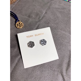 ต่างหู แบบติดหู Tory Burch Hex-Logo Stud Earrings Silver