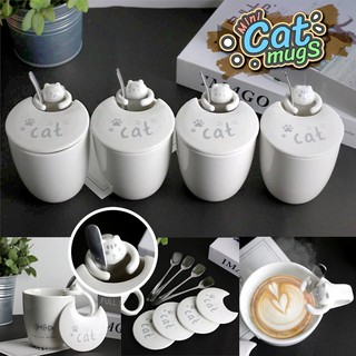 CAT mugs แก้วเซรามิกทนความร้อน แก้วกาแฟ มีช้อนและฝาปิด