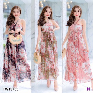 &lt;TW13755&gt;Maxi Dress แม็กซี่เดรสสายคล้องคอ อกเสริมฟองน้ำ ผ้าชีฟอง พิมพ์ลายดอกไม้สม็อคยางยืดหลัง มีสายผูกเอวติดกับชุด