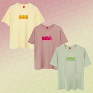 Marvel Men&amp;Women logo Flock Print T-Shirt - เสื้อมาร์เวลผู้ชายพิมพ์กำมะหยี่ ผ้า Cotton 100% สินค้าลิขสิทธ์แท้100% charac