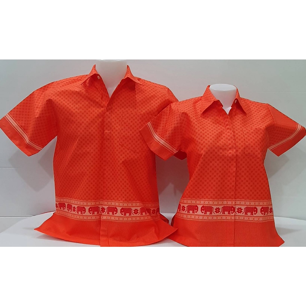 เสื้อลายไทย-คอเชิ้ต-สีส้มลายช้างสุโขทัย-ผู้ชาย-ผู้หญิง