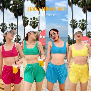 สินค้า Mute - Baba bikini setชุดเซต 3 ชิ้น เสื้อครอปมีฟองน้ำ+บิกินี+กางเกงขาสั้น ชุดไปทะเล