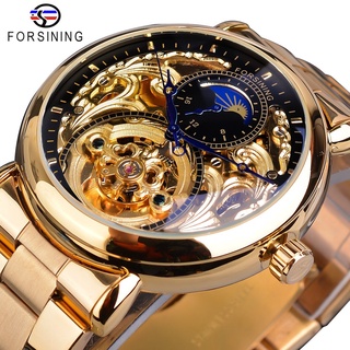 Forsining Mens Skeleton Automatic Mechanical Watch Golden Vintage Moon Phase Steel Male Wristwatch Top Brand Luxury Mont