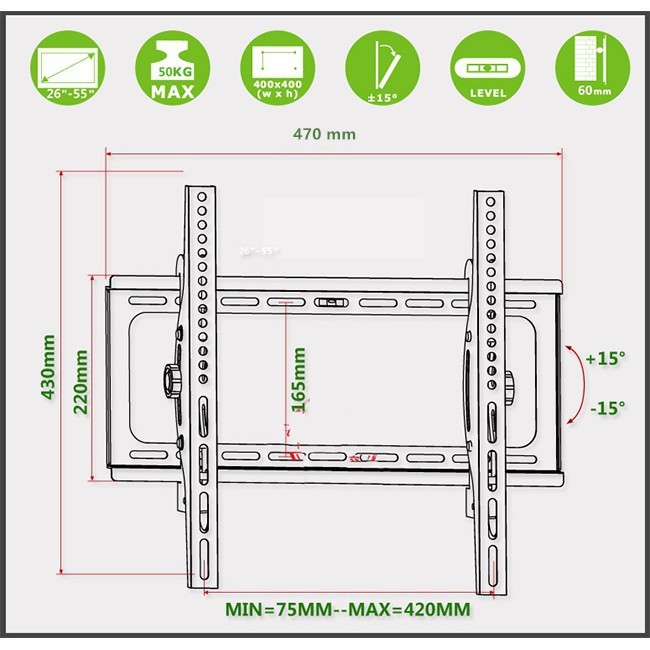 ขาแขวนทีวี-lcd-led-26-55-นิ้วปรับ-ก้ม-เงย-ได้-15-องศา-ปรับก้มได้-แบบติดผนัง-รุ่น-c45