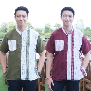 เสื้อคอจีนแขนสั้นทูโทนลายน้ำไหล เสื้อผ้าฝ้าย เสื้อพื้นเมือง