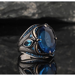 แหวนโลหะ แฮนด์เมด ฝังหินสีฟ้า สไตล์วินเทจ สําหรับผู้ชาย