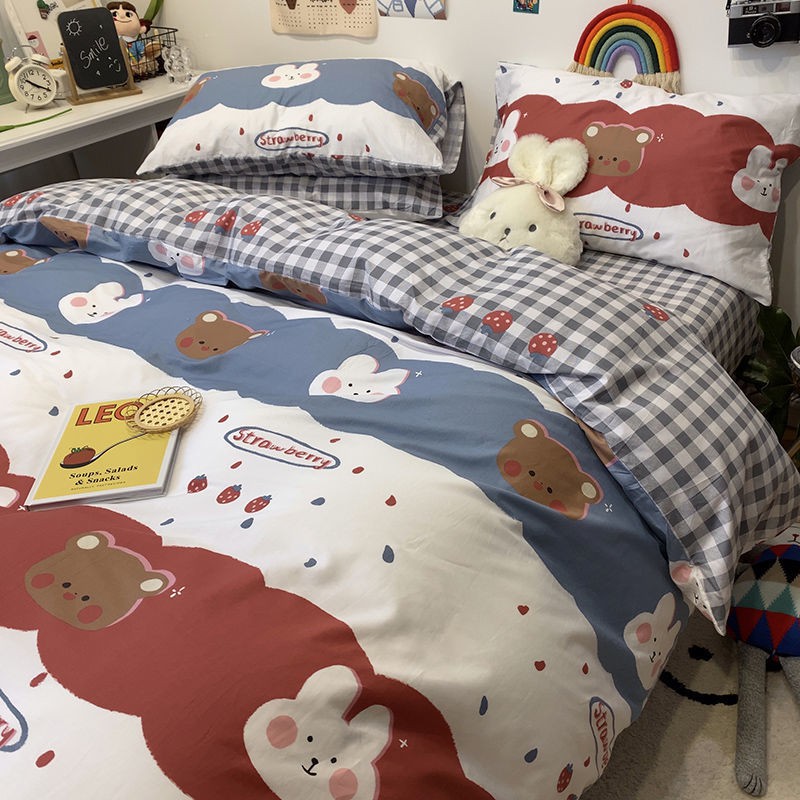 ผ้าปูที่นอน-ปลอกหมอน-ผ้านวมบาง-3-4-ชิ้น-ชุดเตียงสี่ชิ้นลาย-ชุดเครื่องนอนสี่ชิ้นลายการ์ตูนหมี