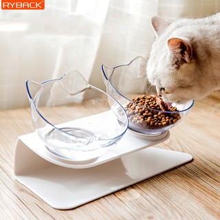 สินค้า RYBACK ถ้วยคู่ ชามอาหารแมวคู่ ชามให้อาหารแบบคู่ ชามเอียง ถ้วยอาหารและน้ำ ถ้วยน้ำแมว มีฐานวางชาม