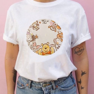 เสื้อยืดผ้าฝ้าย เสื้อยืดแขนสั้นพิมพ์ลายการ์ตูนหมีพูห์น่ารักสไตล์ฮาราจูกุสําหรับผู้หญิง