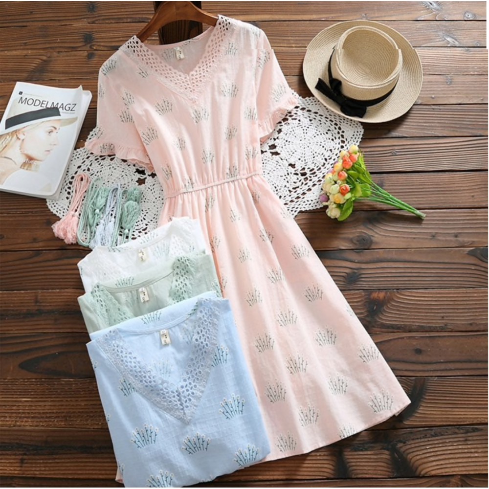 sale-พร้อมส่ง-alyaboomty-mori-girl-hollow-out-floral-dress-pink