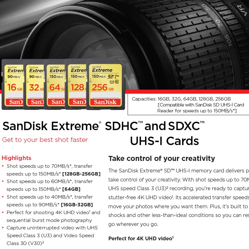 ภาพสินค้าSanDisk Extreme SD Card 128GB, 64GB, 32GB ความเร็ว อ่าน 150MB/s* เขียน 70MB/s* เมมโมรี่ การ์ด แซนดิส กล้องถ่ายรูป DSLR จากร้าน sjcam_officialstore บน Shopee ภาพที่ 1