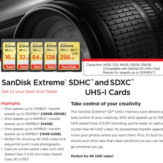 ภาพขนาดย่อของภาพหน้าปกสินค้าSanDisk Extreme SD Card 128GB, 64GB, 32GB ความเร็ว อ่าน 150MB/s* เขียน 70MB/s* เมมโมรี่ การ์ด แซนดิส กล้องถ่ายรูป DSLR จากร้าน sjcam_officialstore บน Shopee ภาพที่ 1