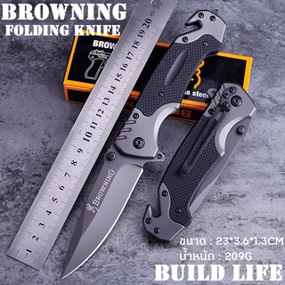 Browning Outdoor Folding Knife FA18 มีดพับ มีดสวย มีดพกพา ปลายมีดมีที่ทุบกระจบและที่ตัดsafety belt  ความยาว23CM 440C EDC