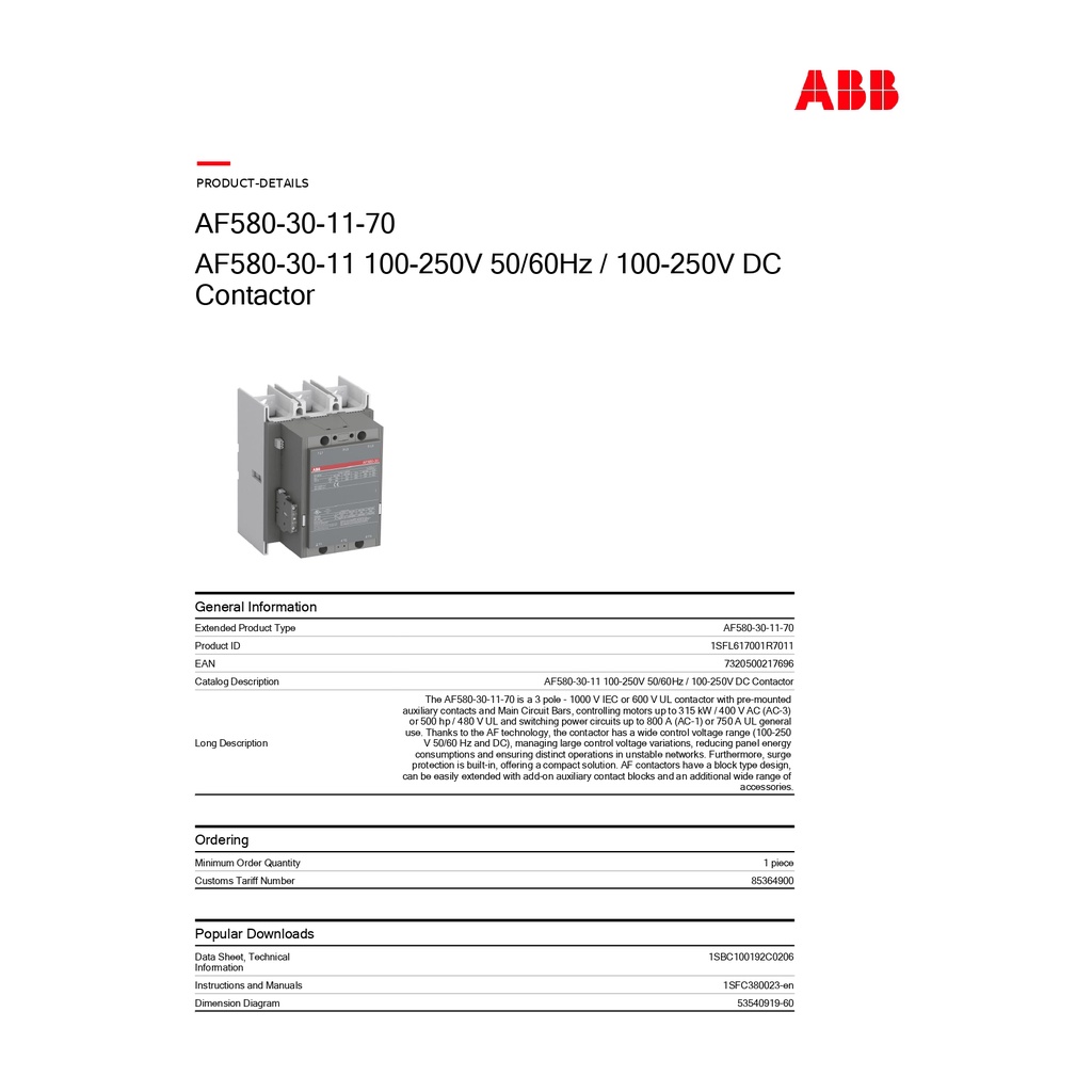 abb-af580-30-11-100-250vac-dc-contactor-รหัส-af580-30-11-70-1sfl617001r7011-เอบีบี-acb-official-store