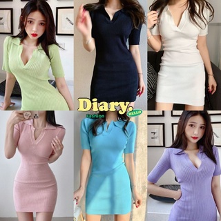 ราคาDiary#พร้อมส่ง#เดรสคอปกหน้าวีไหมพรม ทรงรัดรูปยืดได้เยอะ เหมือนเสื้อโปโล(3008-1)